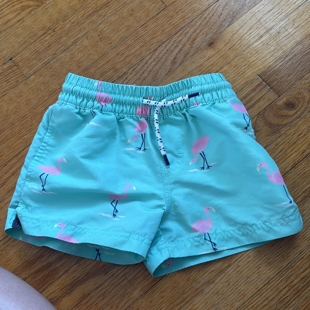 TBBC flamingo swim trunks, 2T